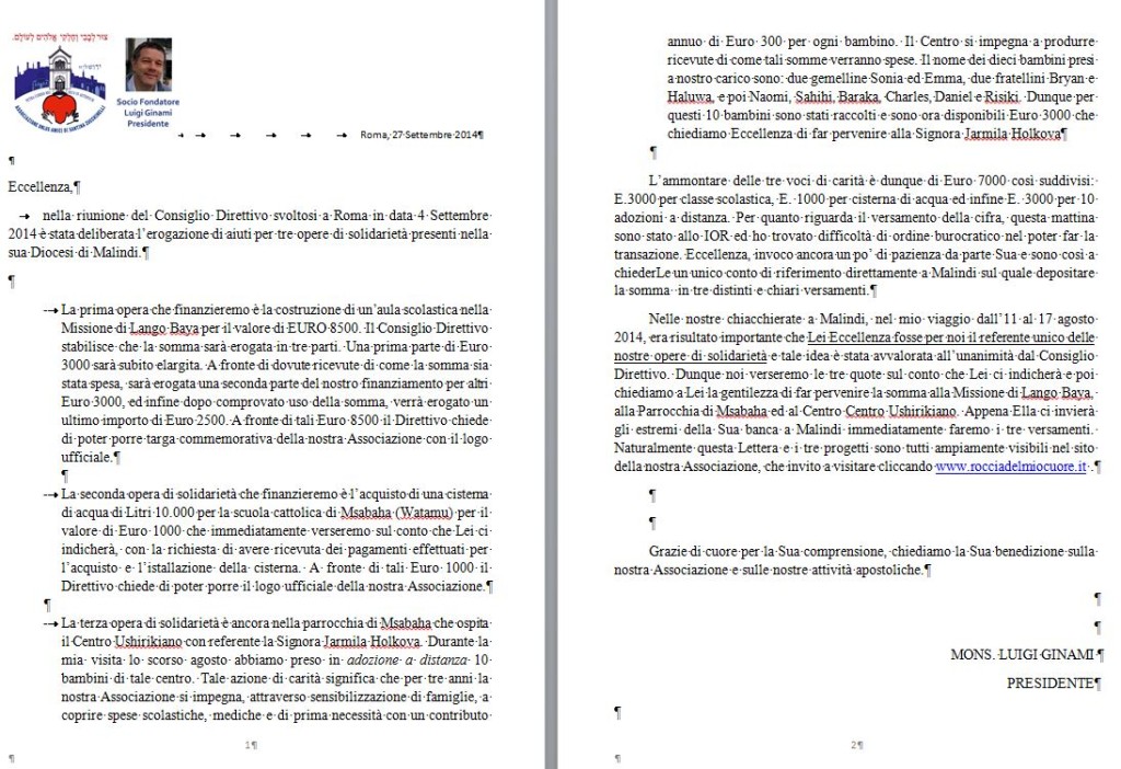 Lettera al Vescovo di Malindi