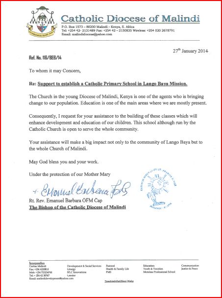 Lettera di raccomandazione del Vescovo di Malindi
