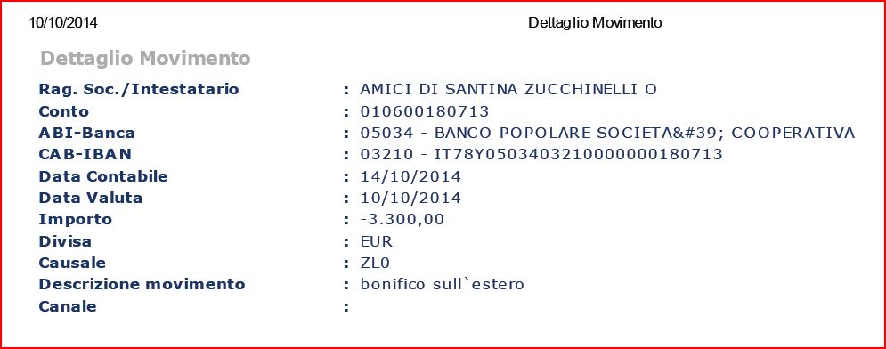 Bonifico Euro 3300 per Jarka