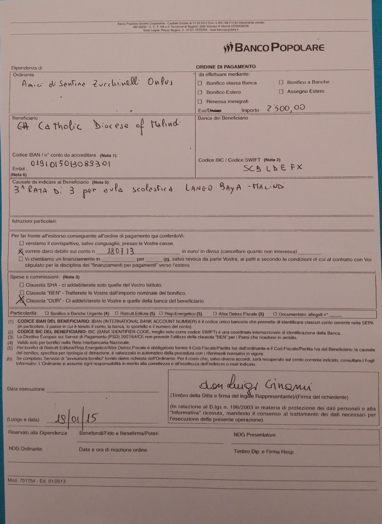 ORDINE DI BONIFICO TERZA RATA 19-1-15