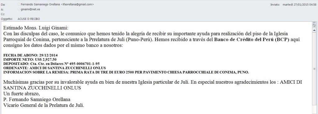 Ricevuta Vicario Generale dei primi 2500 Euro