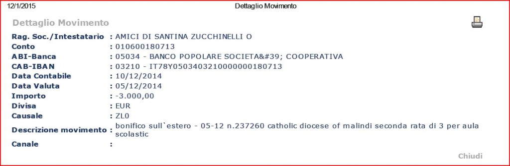 seconda rata di tre Euro 3000 per aula scolastica