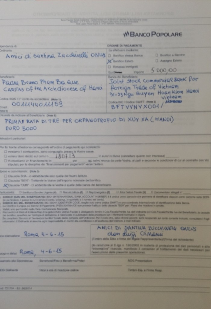 Orfanotrofio Xuy Xa Prima rata di E 5000 in datat 4-6-15