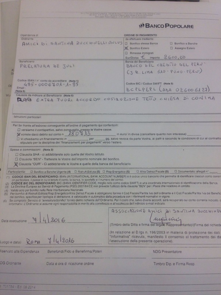 Bonifico per tetto di Conima